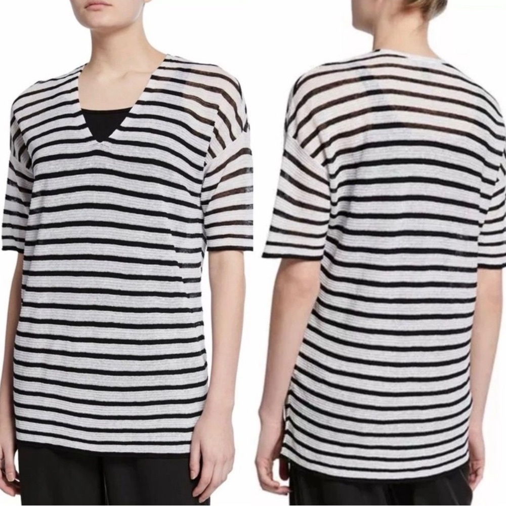 Eileen Fisher Fine Organic Linen Crepe Knit V-Neck‎ Tee Black/White Stripe Small